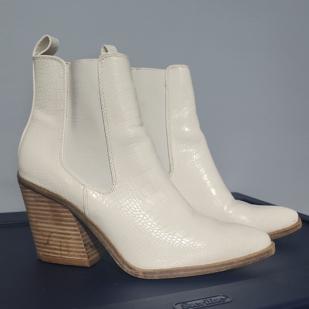 White Croc-Embossed Ankle Boots